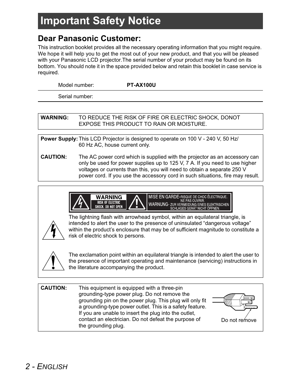 Important safety notice, 2 - e, Dear panasonic customer | Panasonic PT-AX100U User Manual | Page 2 / 52