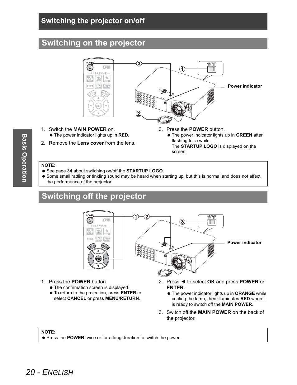 Switching on the projector, Switching off the projector, 20 - e | Switching the projector on/off, Nglish | Panasonic PT-AX100U User Manual | Page 20 / 52