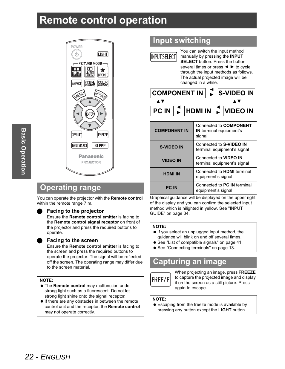 Remote control operation, Operating range, Input switching | Capturing an image, 22 - e, Nglish, S-video in hdmi in pc in, Component in video in, Basic operation | Panasonic PT-AX100U User Manual | Page 22 / 52
