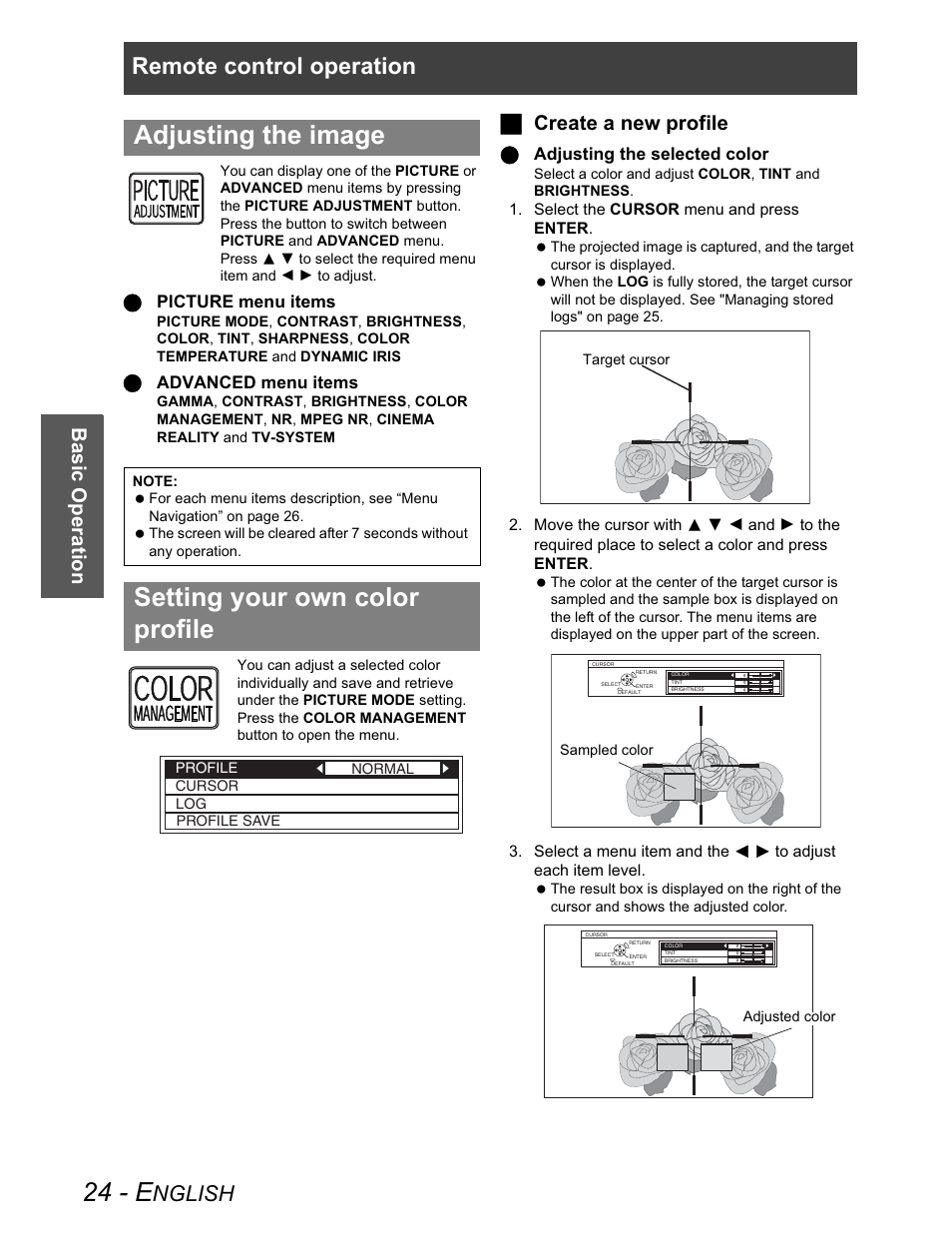 Adjusting the image, Setting your own color profile, 24 - e | Remote control operation, Nglish, Basic operation, J create a new profile, Q picture menu items, Q advanced menu items, Q adjusting the selected color | Panasonic PT-AX100U User Manual | Page 24 / 52