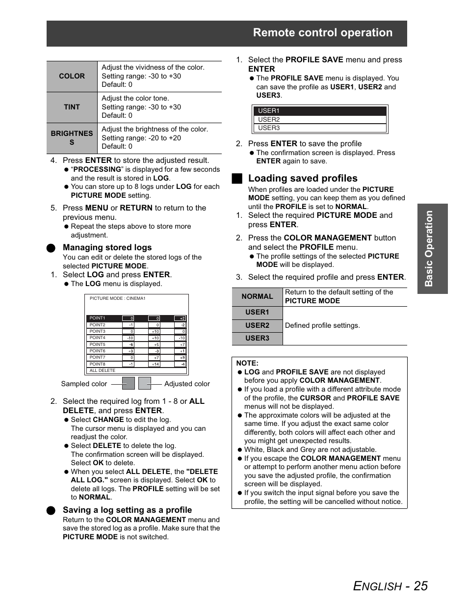 Remote control operation, Nglish, Basic operation | J loading saved profiles | Panasonic PT-AX100U User Manual | Page 25 / 52