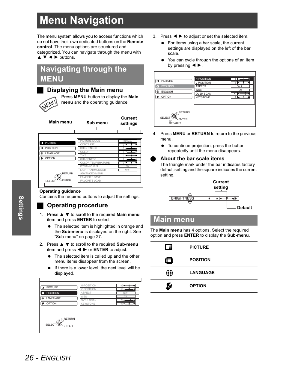 Menu navigation, Navigating through the menu, Main menu | 26 - e, Nglish, Settings, J displaying the main menu, J operating procedure, Q about the bar scale items | Panasonic PT-AX100U User Manual | Page 26 / 52