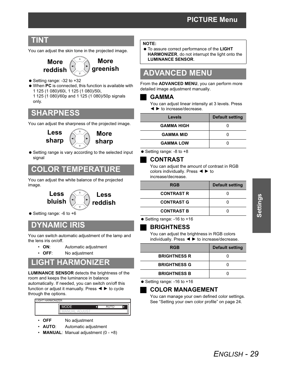 Tint, Sharpness, Color temperature | Dynamic iris, Light harmonizer, Advanced menu, Picture menu, Nglish, Settings, J gamma | Panasonic PT-AX100U User Manual | Page 29 / 52