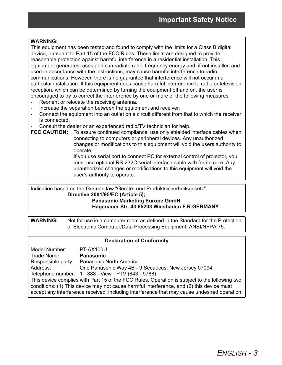 Important safety notice | Panasonic PT-AX100U User Manual | Page 3 / 52