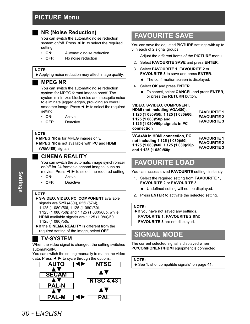 Favourite save, Favourite load, Signal mode | 30 - e, Picture menu, Nglish, Auto secam ntsc 4.43 ntsc pal-n pal pal-m, Settings j nr (noise reduction), J mpeg nr, J cinema reality | Panasonic PT-AX100U User Manual | Page 30 / 52