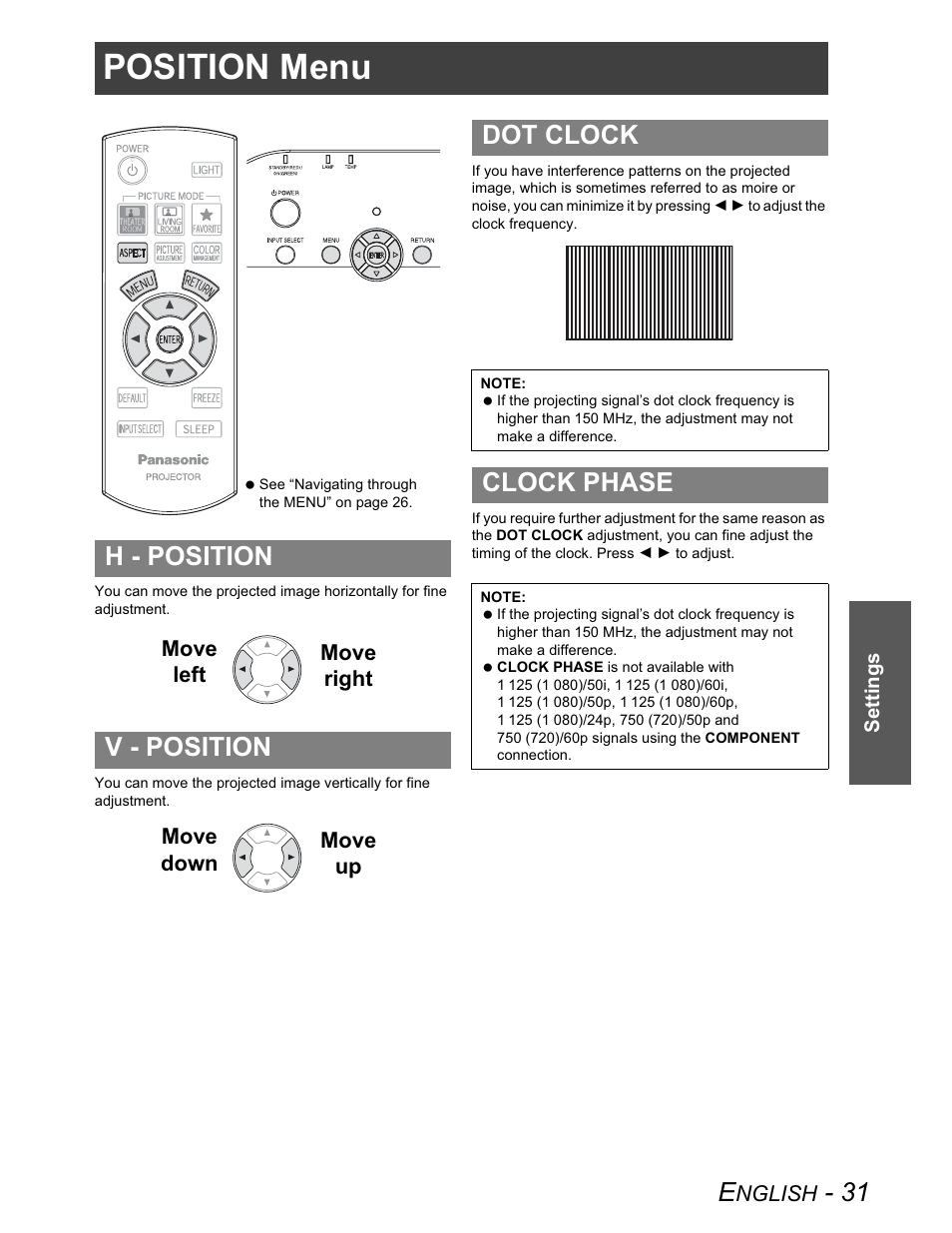Position menu, H-position, V-position | Dot clock, Clock phase, H - position v - position | Panasonic PT-AX100U User Manual | Page 31 / 52