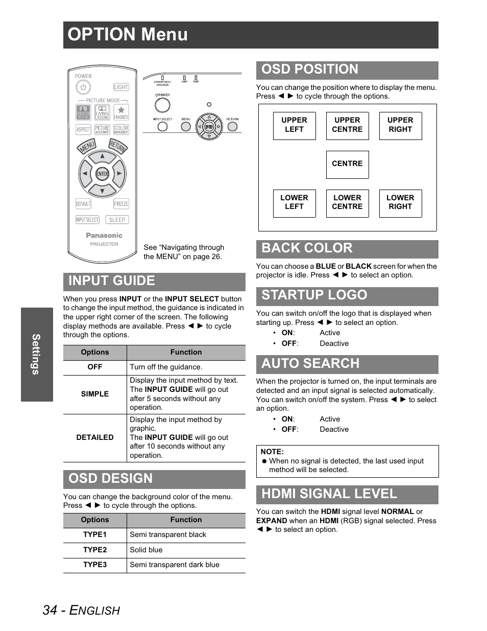 Option menu, Input guide, Osd design | Osd position, Back color, Startup logo, Auto search, Hdmi signal level, 34 - e, Osd position back color startup logo auto search | Panasonic PT-AX100U User Manual | Page 34 / 52