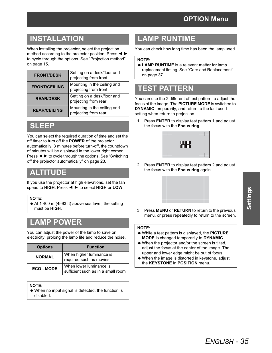 Installation, Sleep, Altitude | Lamp power, Lamp runtime, Test pattern, Sleep altitude, Option menu, Nglish, Settings | Panasonic PT-AX100U User Manual | Page 35 / 52