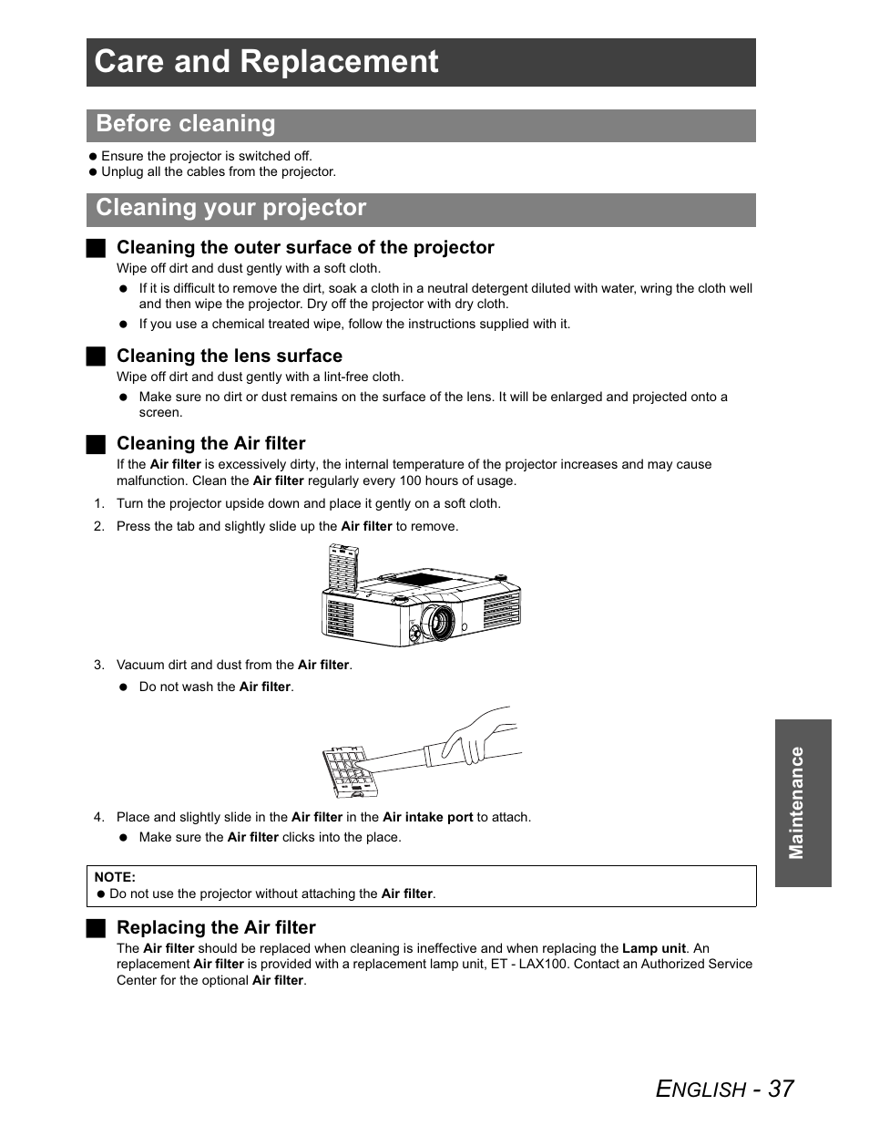 Care and replacement, Before cleaning, Cleaning your projector | Before cleaning cleaning your projector | Panasonic PT-AX100U User Manual | Page 37 / 52