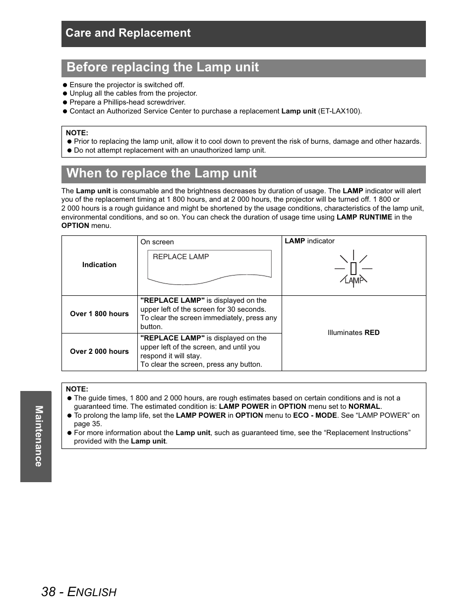 Before replacing the lamp unit, When to replace the lamp unit, 38 - e | Care and replacement, Nglish | Panasonic PT-AX100U User Manual | Page 38 / 52