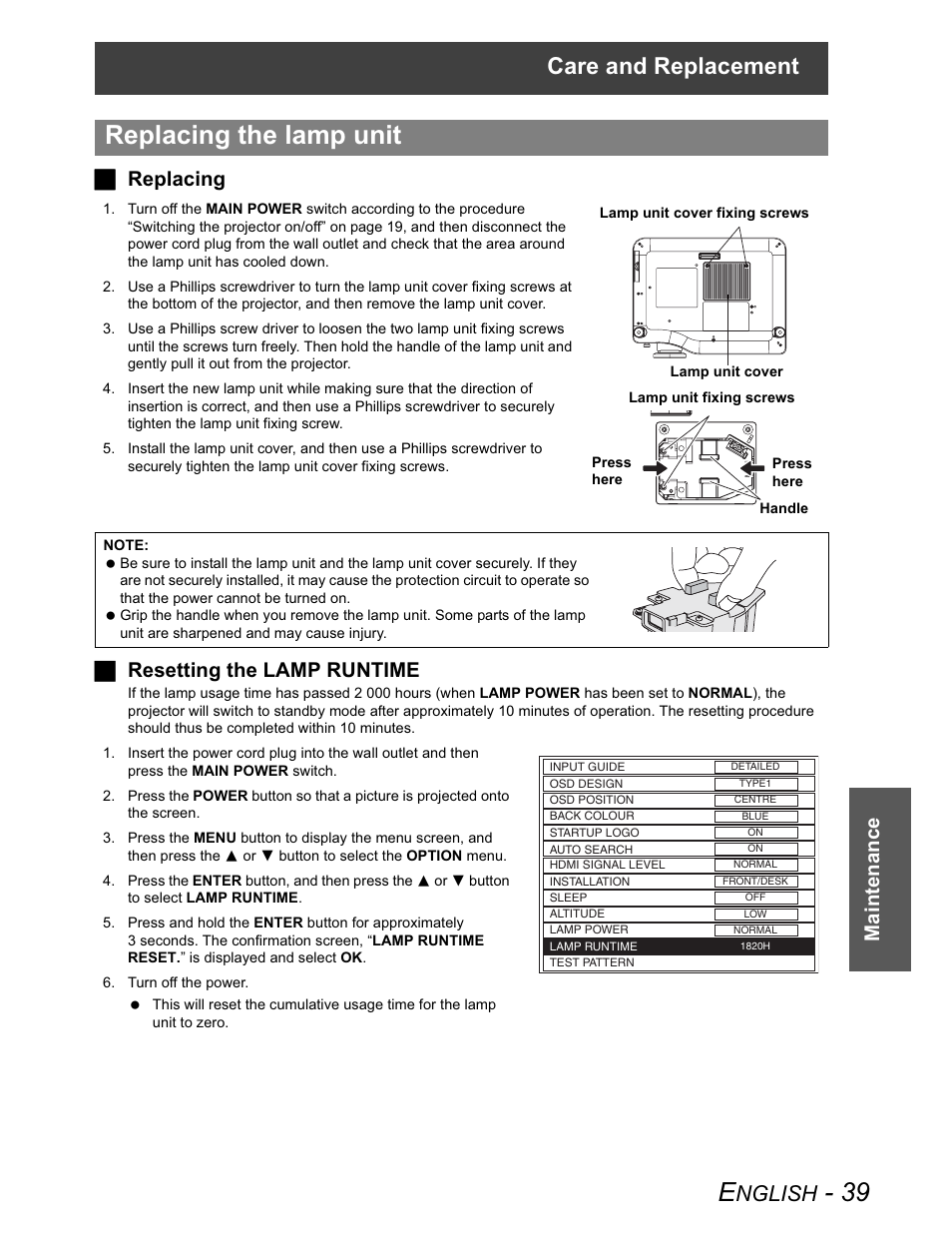 Replacing the lamp unit, Care and replacement, Nglish | Maintenance j replacing, J resetting the lamp runtime | Panasonic PT-AX100U User Manual | Page 39 / 52