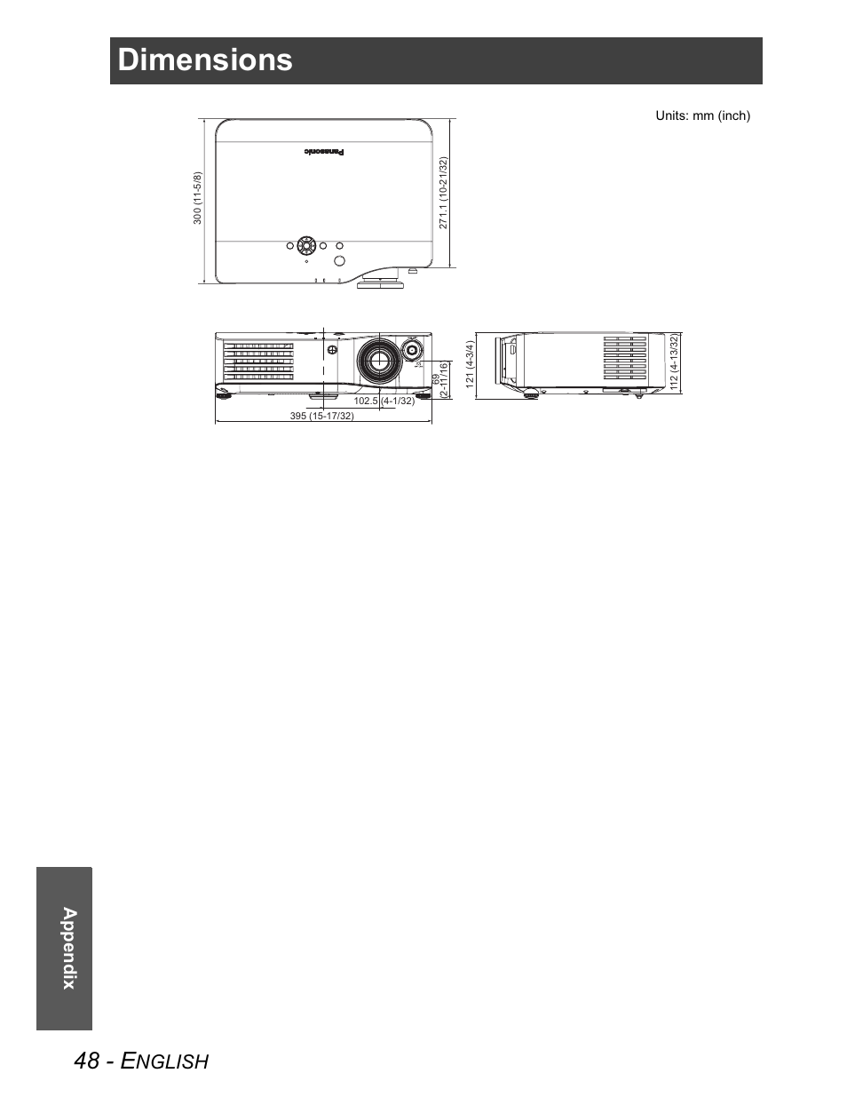 Dimensions, 48 - e, Nglish | Appendix | Panasonic PT-AX100U User Manual | Page 48 / 52