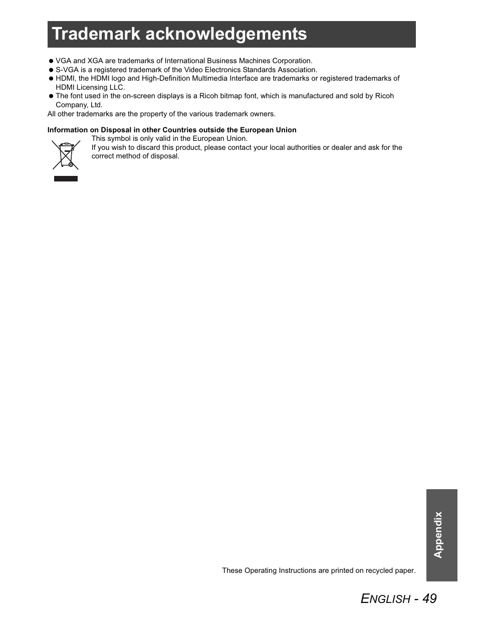 Trademark acknowledgements | Panasonic PT-AX100U User Manual | Page 49 / 52