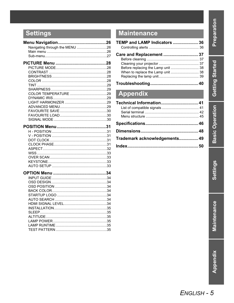 Settings maintenance appendix | Panasonic PT-AX100U User Manual | Page 5 / 52