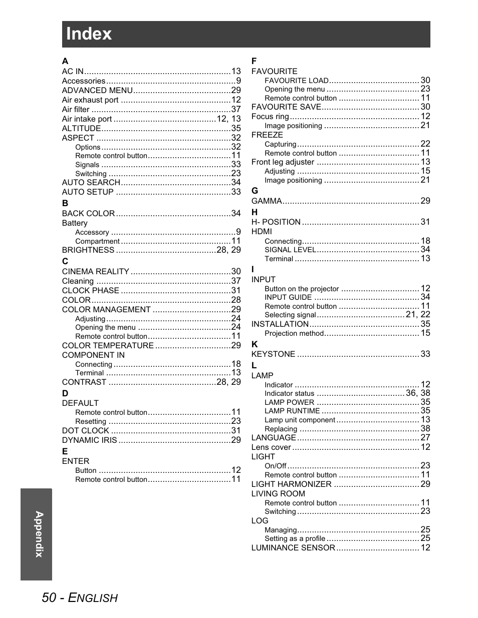 Index, 50 - e, Nglish | Appendix | Panasonic PT-AX100U User Manual | Page 50 / 52