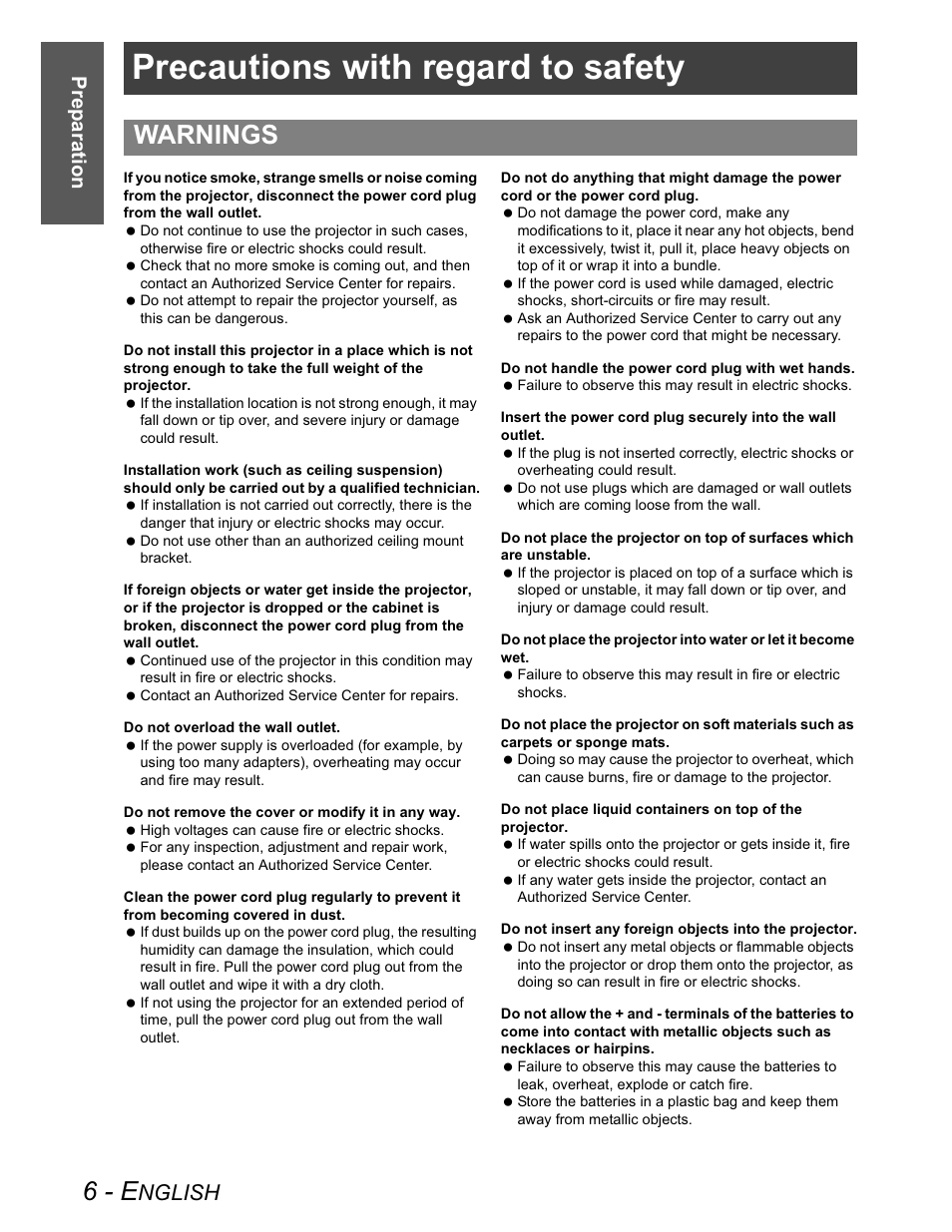 Precautions with regard to safety, Warnings, 6 - e | Nglish, Preparation | Panasonic PT-AX100U User Manual | Page 6 / 52