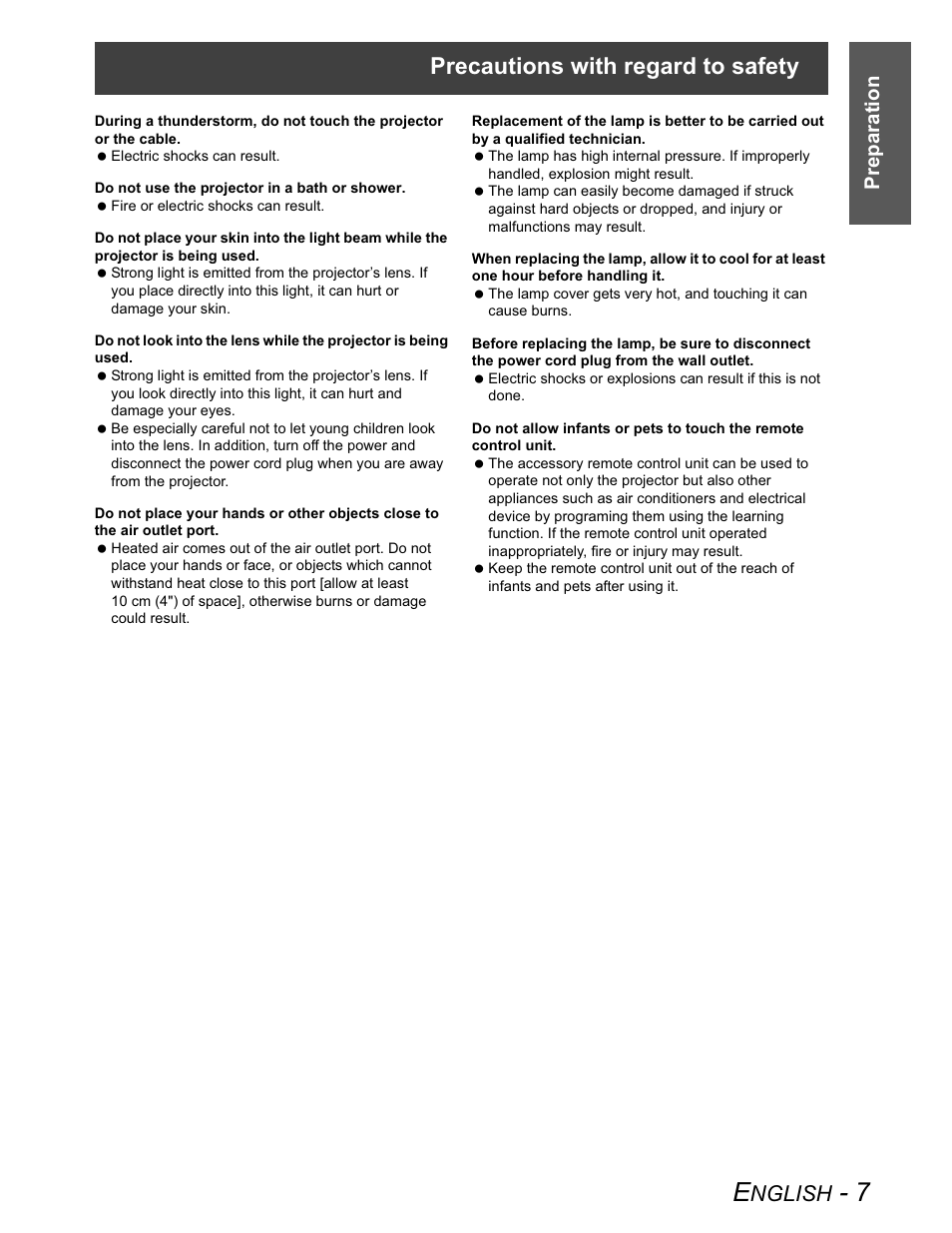 Precautions with regard to safety, Nglish, Preparation | Panasonic PT-AX100U User Manual | Page 7 / 52