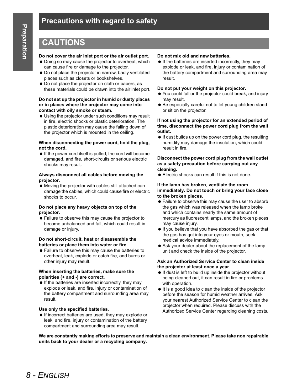 Cautions, 8 - e, Precautions with regard to safety | Nglish, Preparation | Panasonic PT-AX100U User Manual | Page 8 / 52