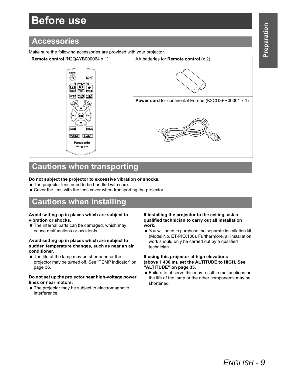 Before use, Accessories, Cautions when transporting | Cautions when installing | Panasonic PT-AX100U User Manual | Page 9 / 52