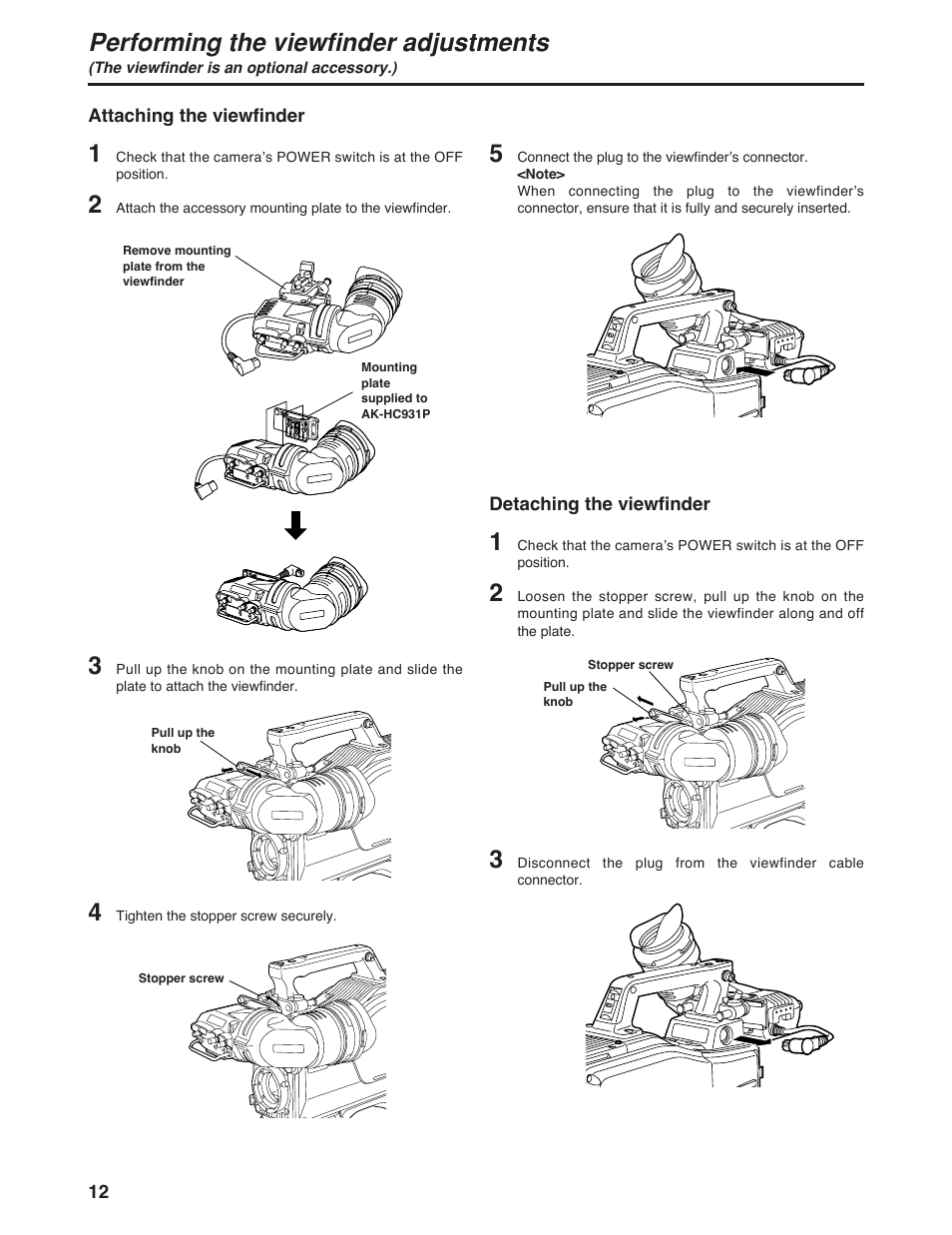 Performing the viewfinder adjustments | Panasonic AK-HC931P User Manual | Page 12 / 30