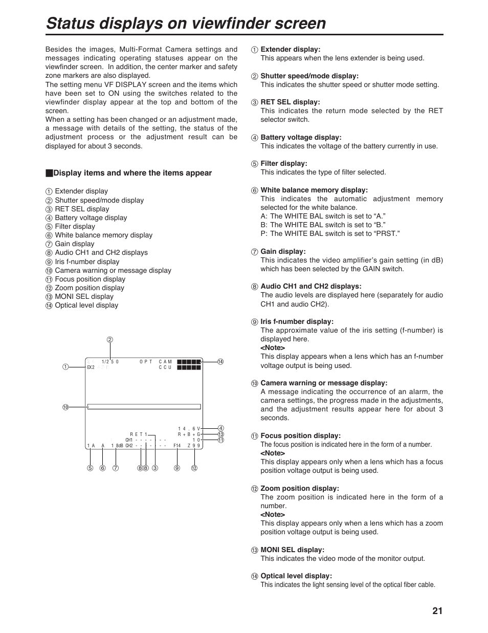 Status displays on viewfinder screen | Panasonic AK-HC931P User Manual | Page 21 / 30