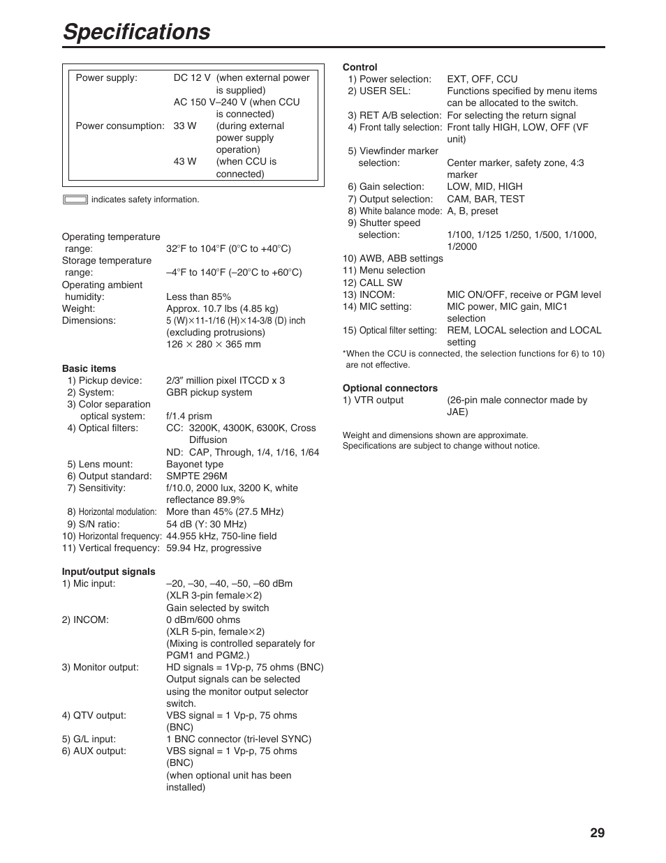 Specifications | Panasonic AK-HC931P User Manual | Page 29 / 30