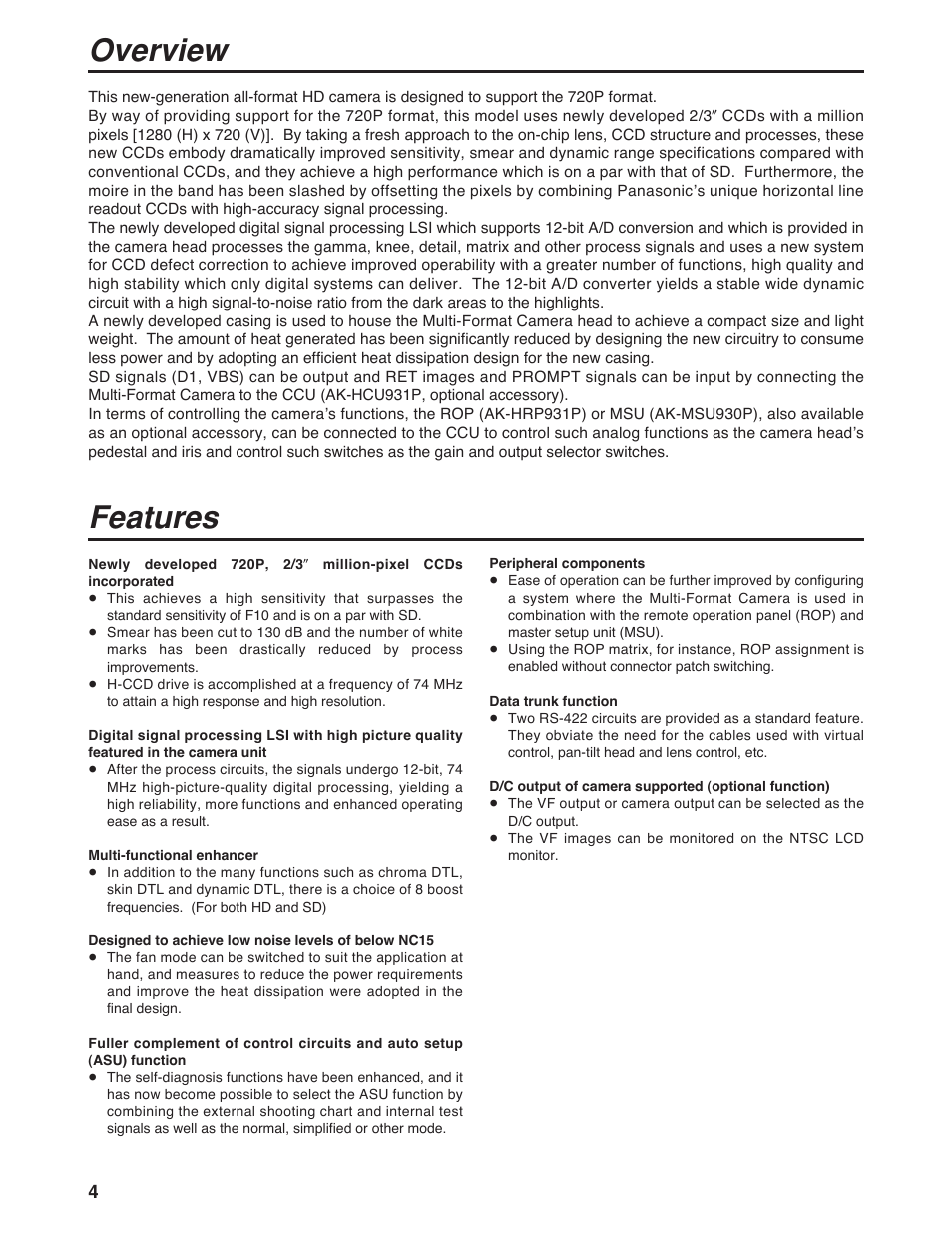 Overview, Features | Panasonic AK-HC931P User Manual | Page 4 / 30