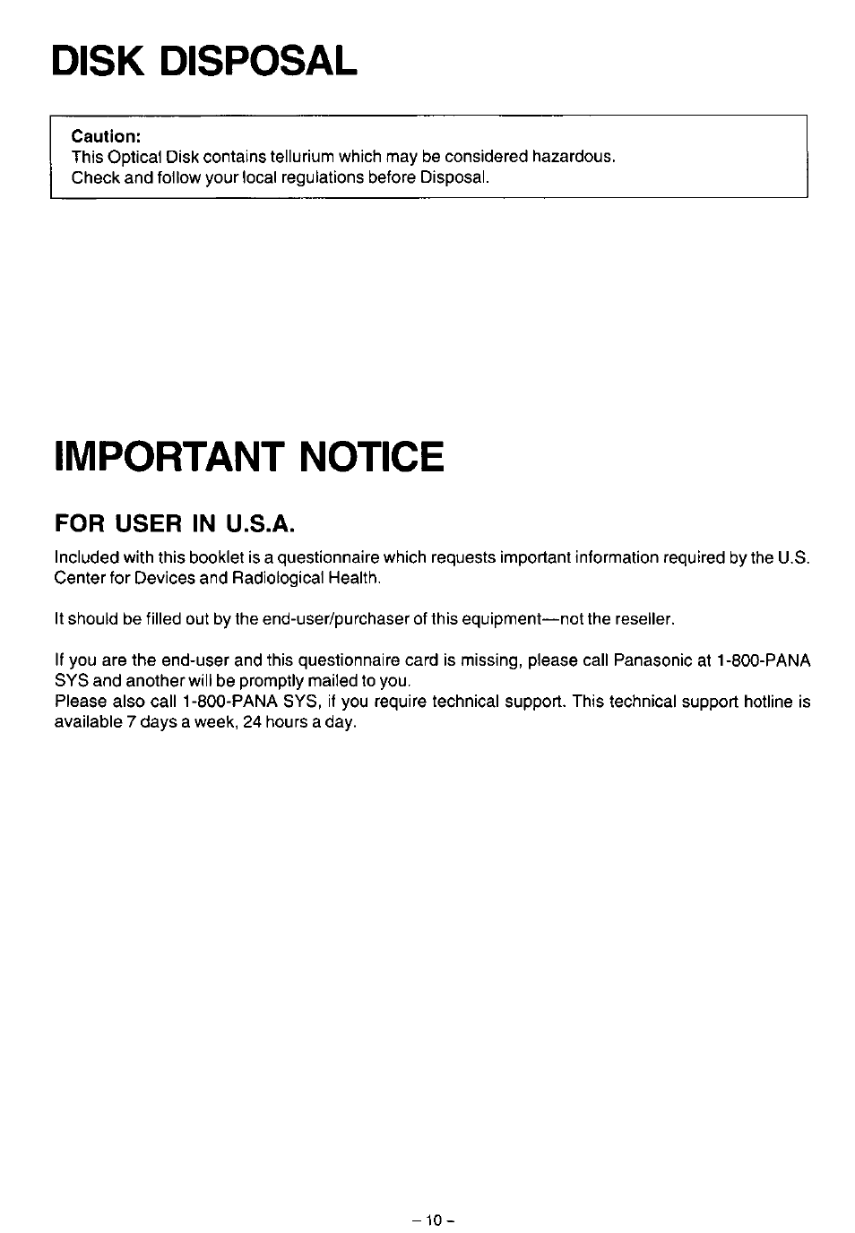 Disk disposal, Important notice | Panasonic LF-1004AB User Manual | Page 10 / 40