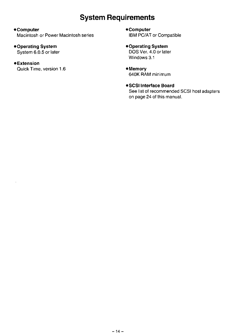 System requirements, Computer, Operating system | Extension, Memory, Scsi interface board | Panasonic LF-1004AB User Manual | Page 14 / 40