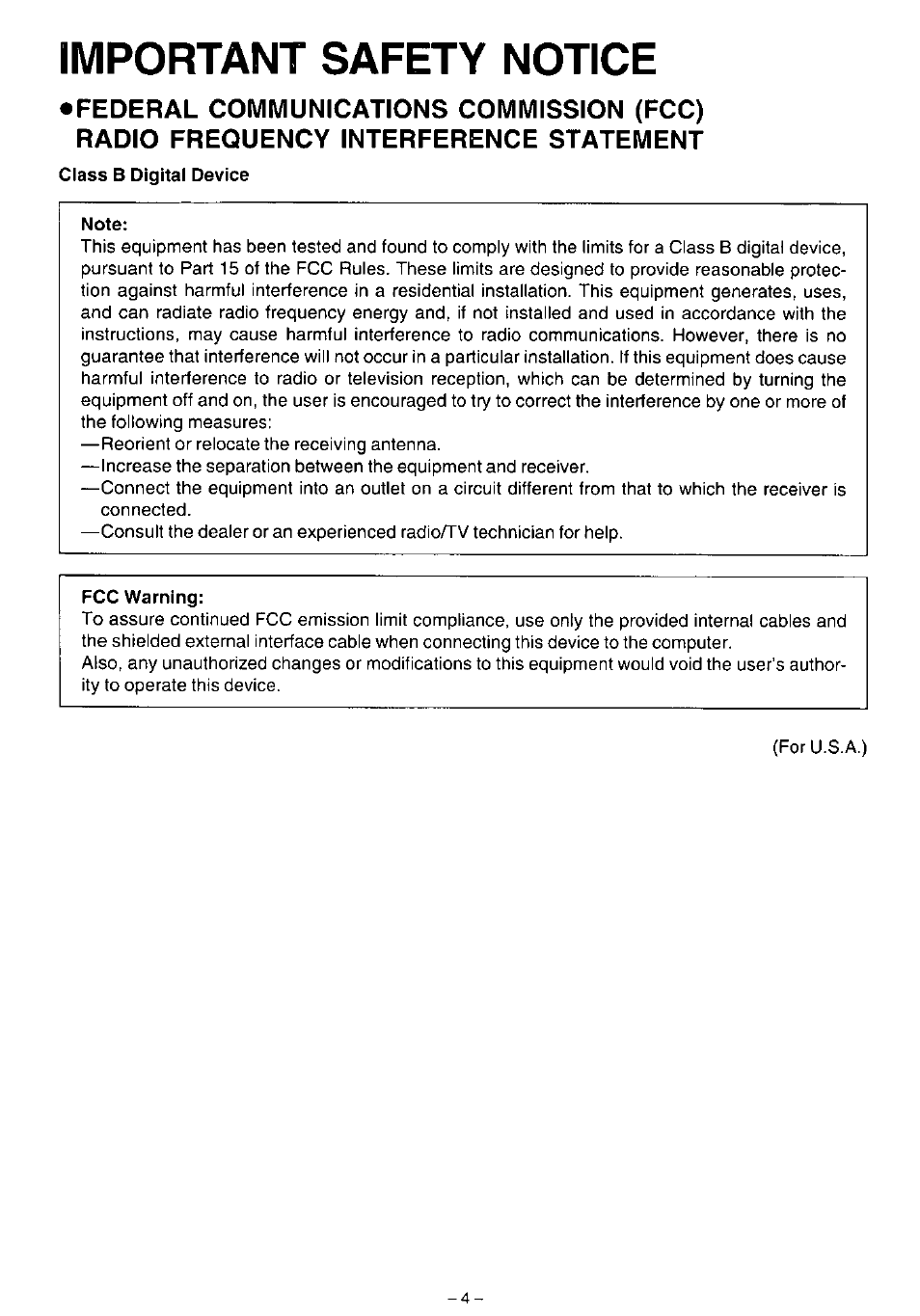 Important safety notice, Note, Fcc warning | Panasonic LF-1004AB User Manual | Page 4 / 40