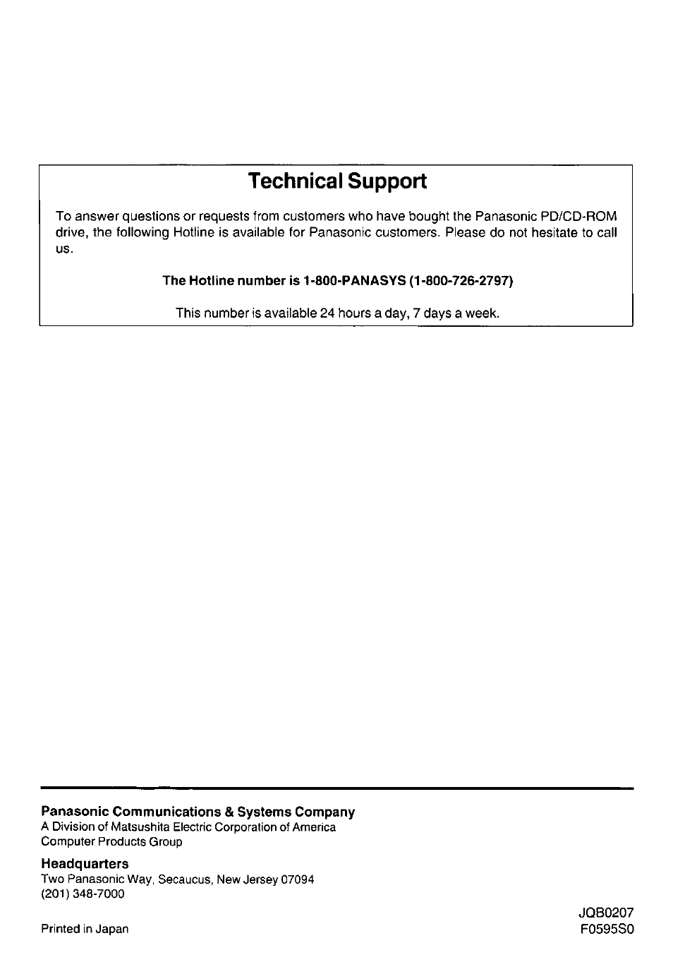 Technical support, Panasonic communications & systems company | Panasonic LF-1004AB User Manual | Page 40 / 40