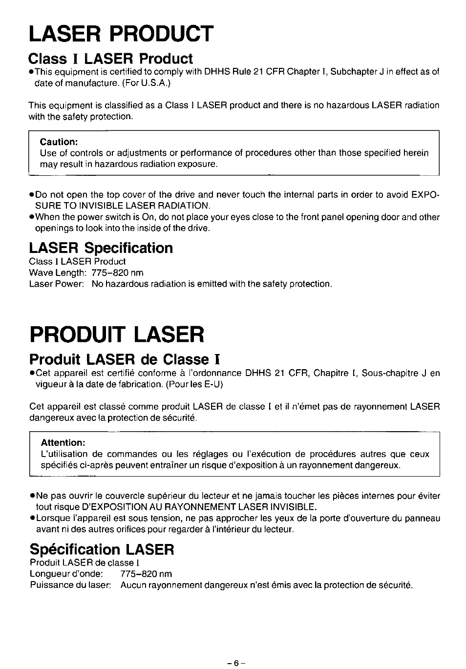 Laser product, Class i laser product, Caution | Laser specification, Produit laser, Produit laser de classe i, Attention, Spécification laser | Panasonic LF-1004AB User Manual | Page 6 / 40