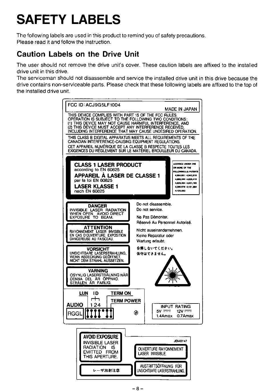 Safety labels, Avoid exposure, Caution labels on the drive unit | Panasonic LF-1004AB User Manual | Page 8 / 40