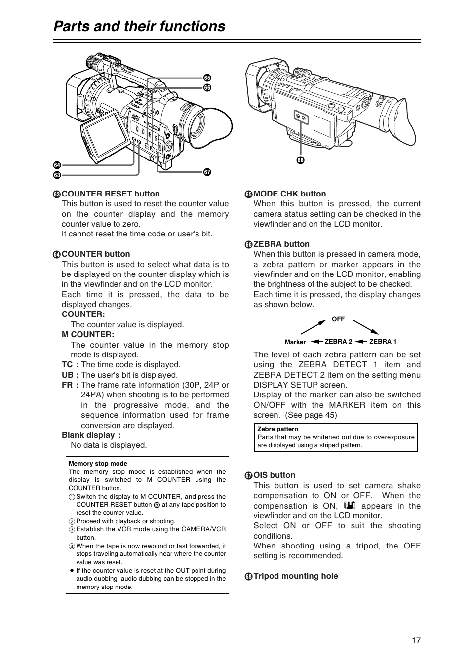 Parts and their functions | Panasonic AG-DVX100P User Manual | Page 17 / 68