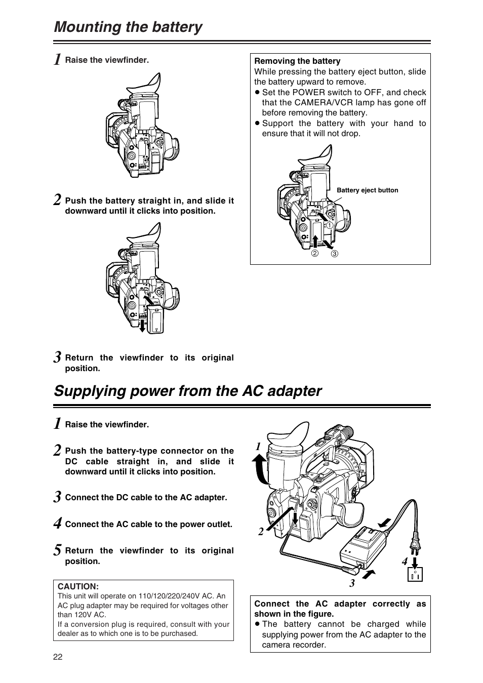 Mounting the battery, Supplying power from the ac adapter | Panasonic AG-DVX100P User Manual | Page 22 / 68