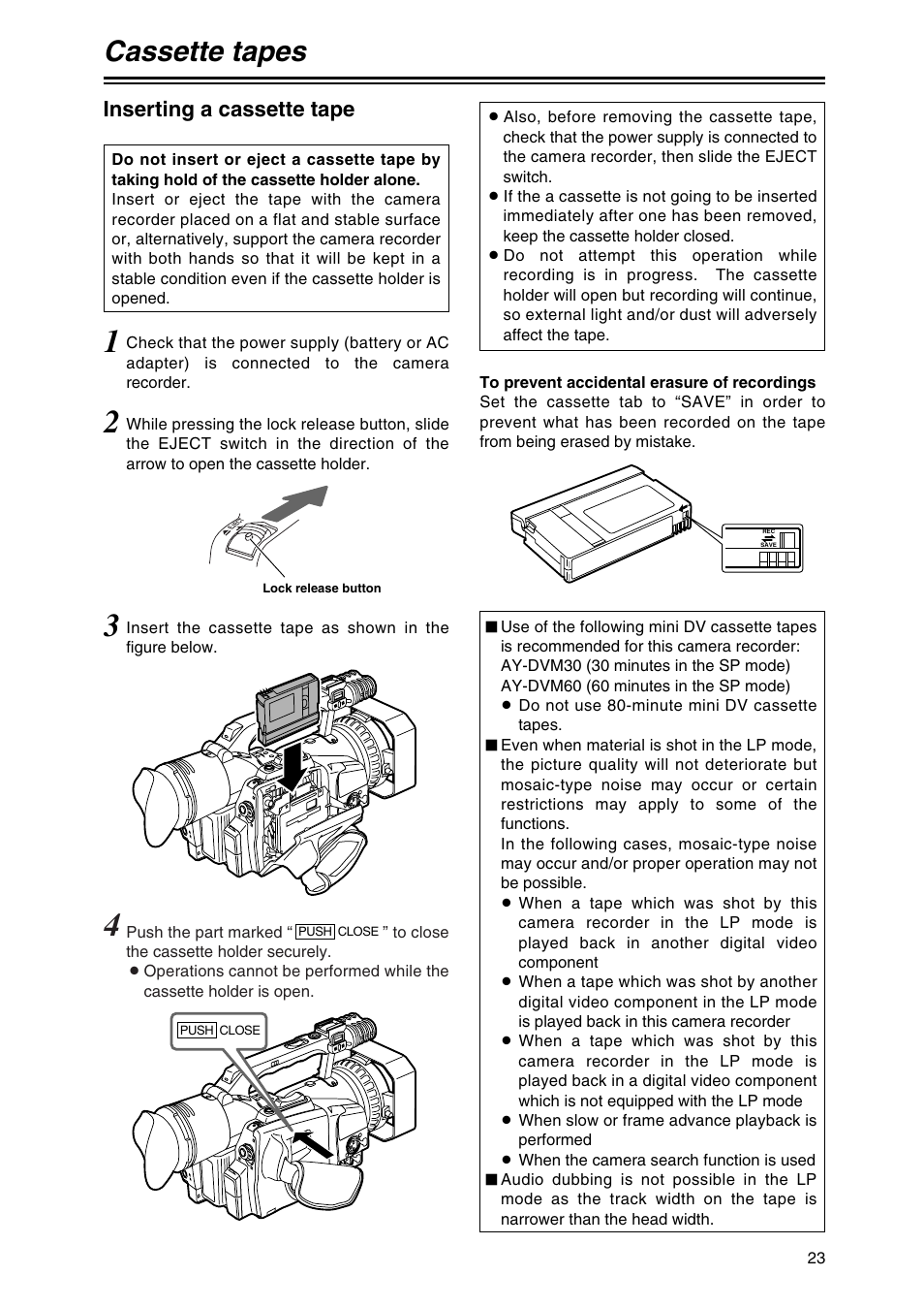 Cassette tapes, Inserting a cassette tape | Panasonic AG-DVX100P User Manual | Page 23 / 68
