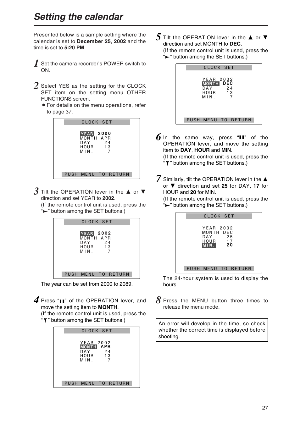 Setting the calendar | Panasonic AG-DVX100P User Manual | Page 27 / 68