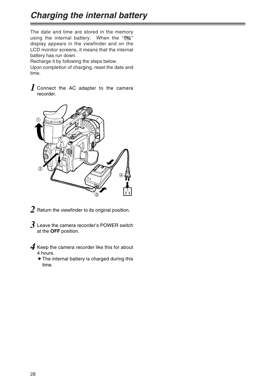 Charging the internal battery | Panasonic AG-DVX100P User Manual | Page 28 / 68