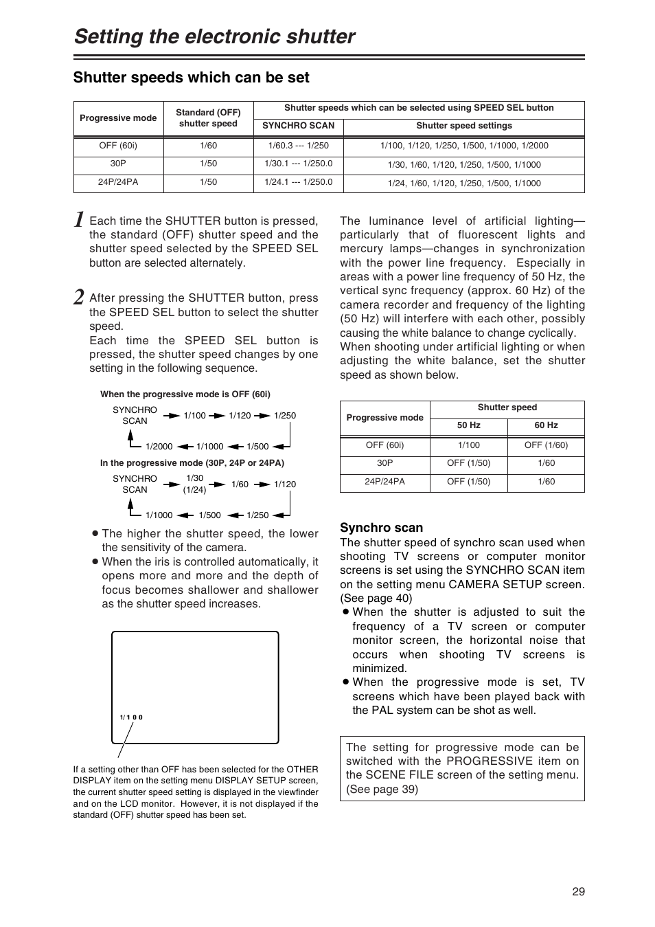 Setting the electronic shutter, Shutter speeds which can be set, Synchro scan | Panasonic AG-DVX100P User Manual | Page 29 / 68