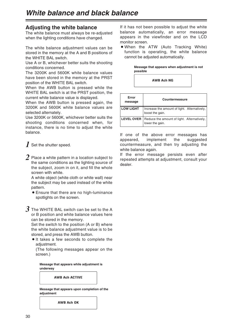 White balance and black balance, Adjusting the white balance | Panasonic AG-DVX100P User Manual | Page 30 / 68