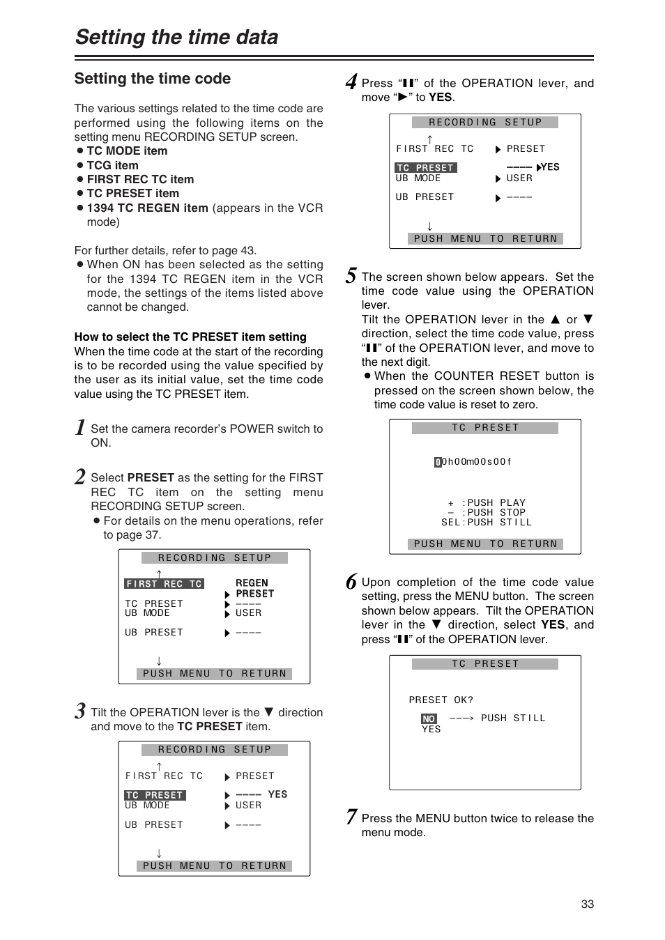 Setting the time data, Setting the time code | Panasonic AG-DVX100P User Manual | Page 33 / 68