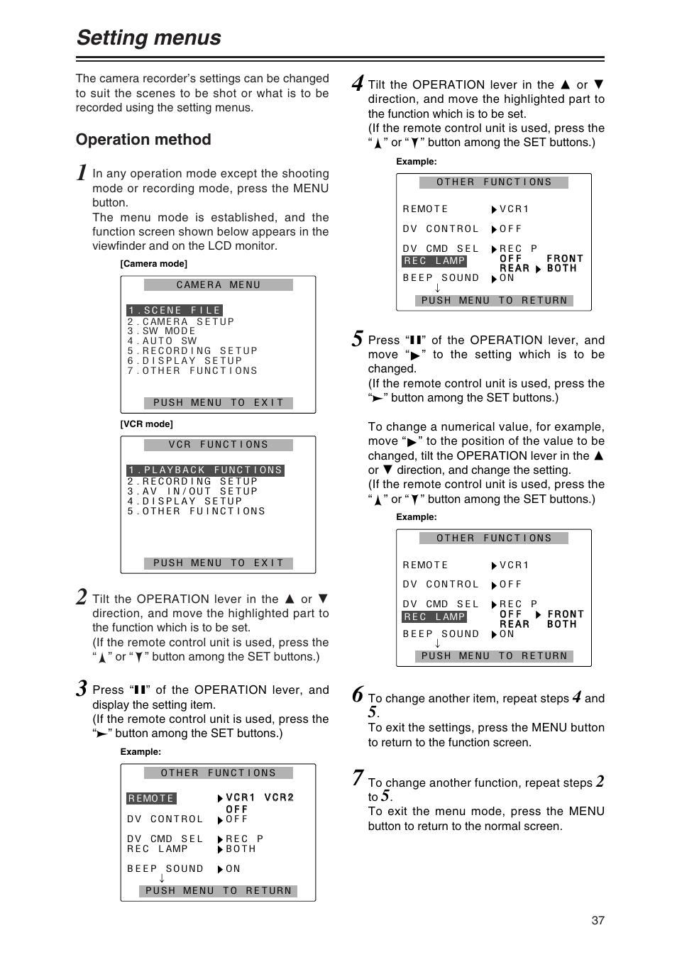 Setting menus, Operation method | Panasonic AG-DVX100P User Manual | Page 37 / 68