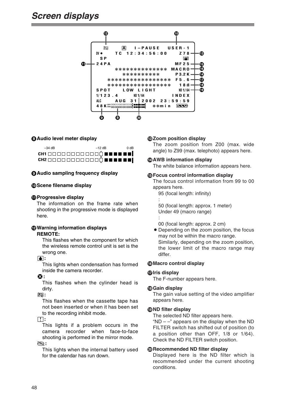 Screen displays | Panasonic AG-DVX100P User Manual | Page 48 / 68