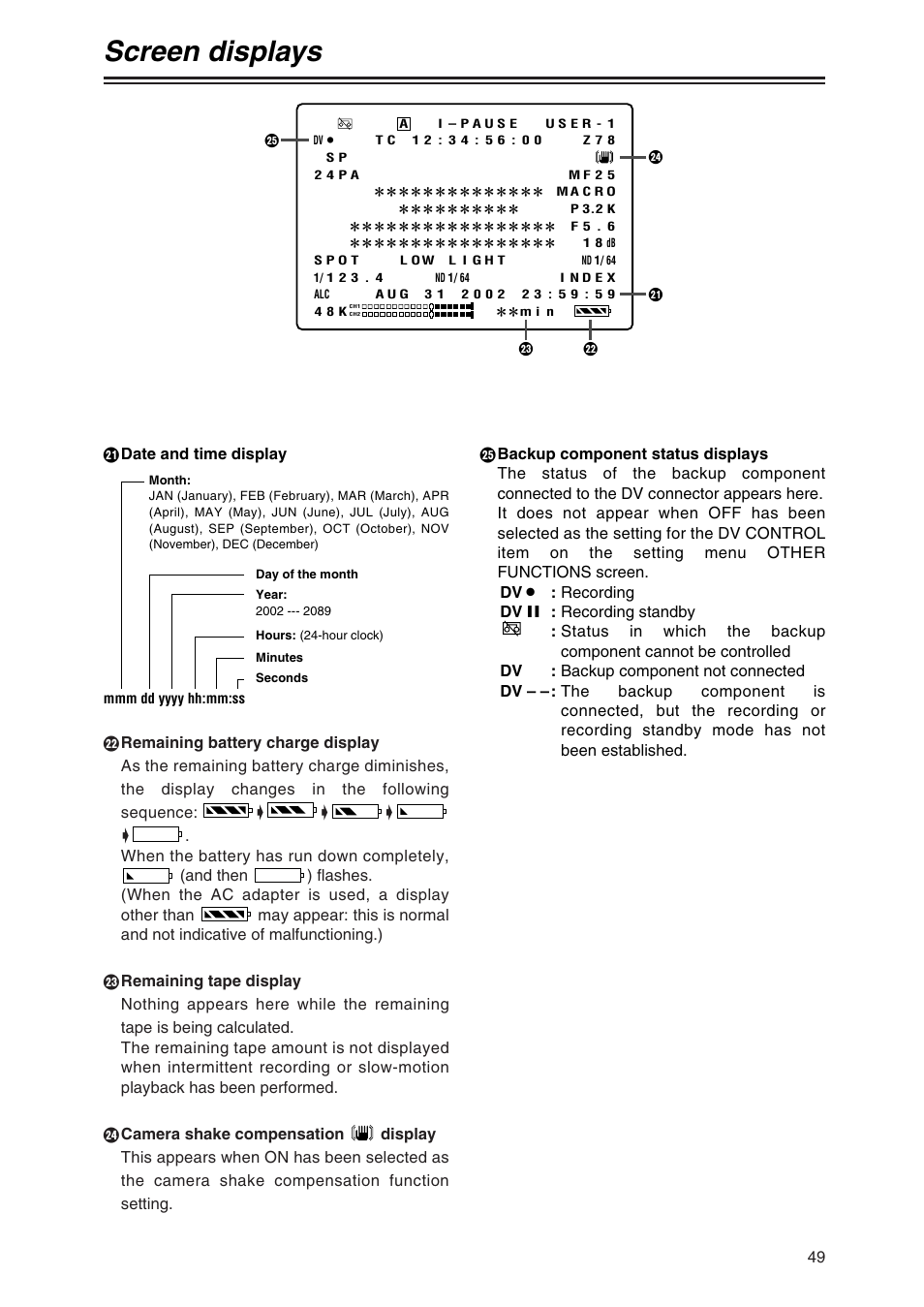 Screen displays | Panasonic AG-DVX100P User Manual | Page 49 / 68