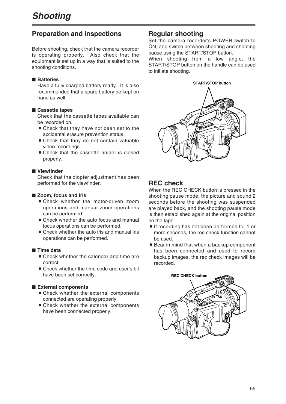 Shooting, Preparation and inspections, Regular shooting | Rec check | Panasonic AG-DVX100P User Manual | Page 55 / 68