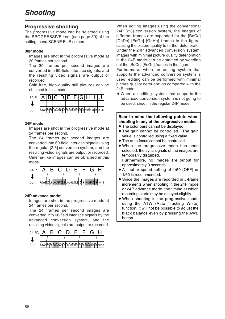 Shooting, Progressive shooting | Panasonic AG-DVX100P User Manual | Page 58 / 68