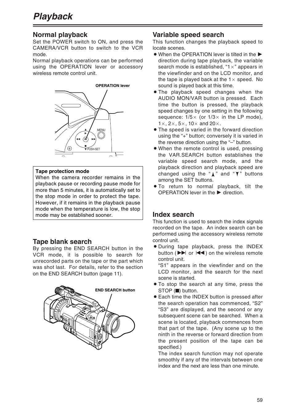 Playback, Normal playback, Tape blank search | Index search, Variable speed search | Panasonic AG-DVX100P User Manual | Page 59 / 68