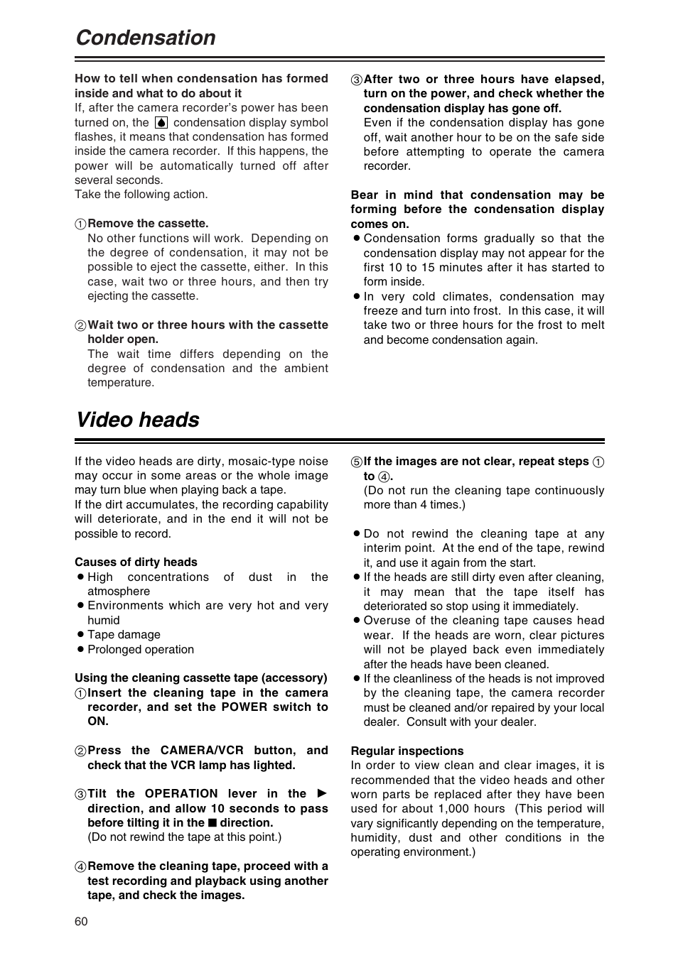 Condensation, Video heads | Panasonic AG-DVX100P User Manual | Page 60 / 68