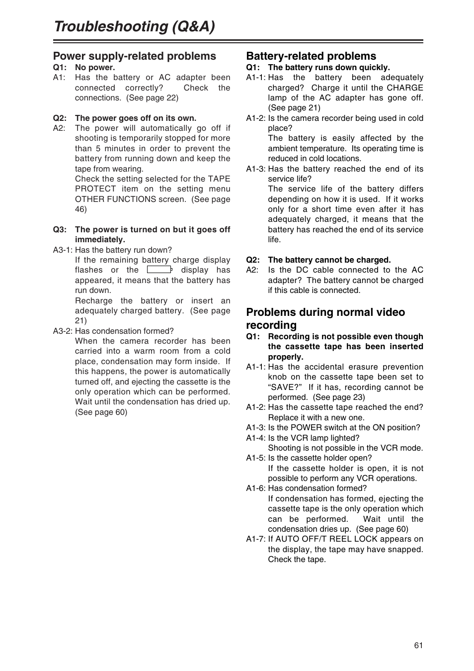 Troubleshooting (q&a), Power supply-related problems, Battery-related problems | Problems during normal video recording | Panasonic AG-DVX100P User Manual | Page 61 / 68