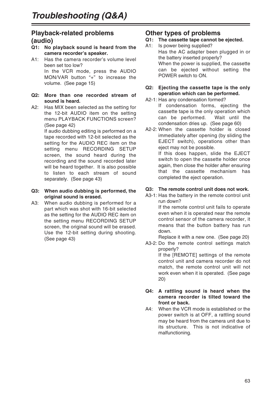 Troubleshooting (q&a), Other types of problems, Playback-related problems (audio) | Panasonic AG-DVX100P User Manual | Page 63 / 68